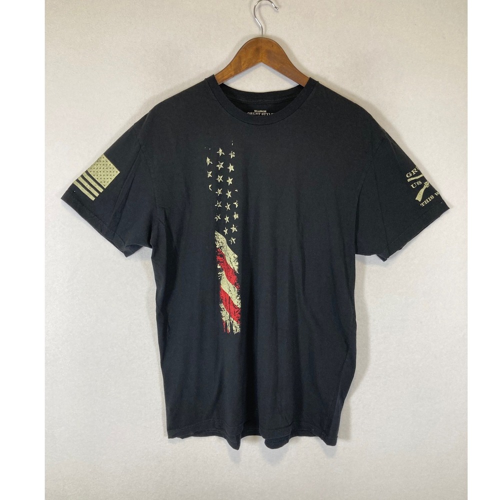 Patriotic Grunt Style Mens XL Black Distressed American Flag Graphic T-Shirt